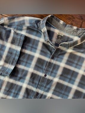 Kuhl mens shirt wild fibre 100% organic cotton S/S button up blue plaid XXL